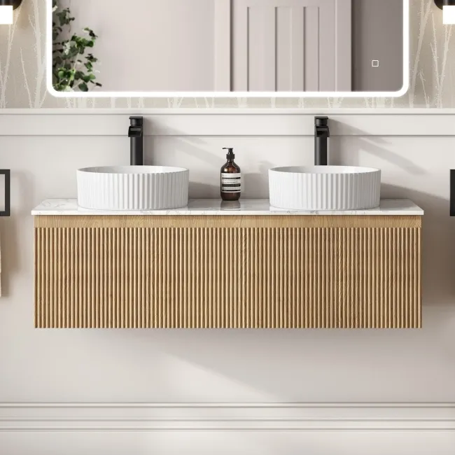 Malta Fluted Country Oak Double Wall Hung Drawer Vanity with Marble Top & Nevis Basin 1200mm