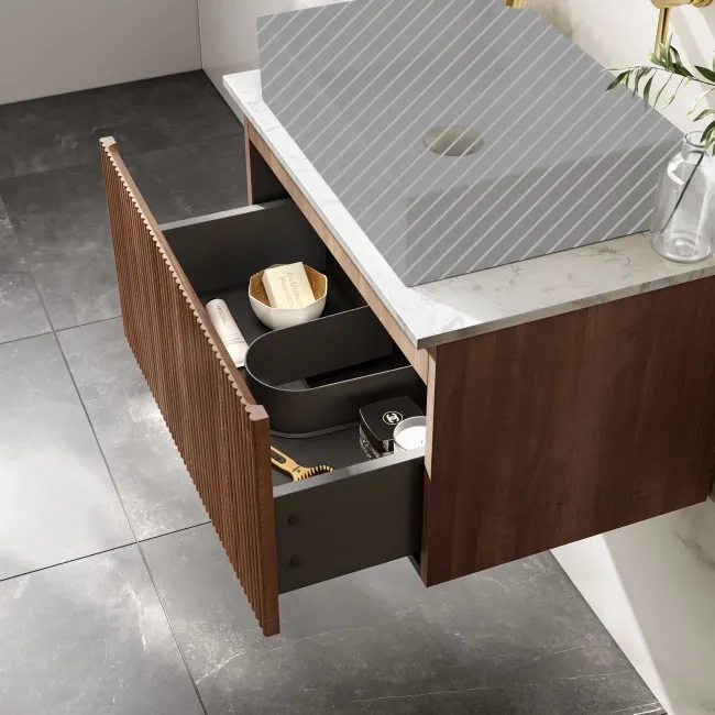 Malta Fluted Black Walnut Wall Hung Drawer Vanity with Marble Top 600mm - Excludes Counter Top Basin