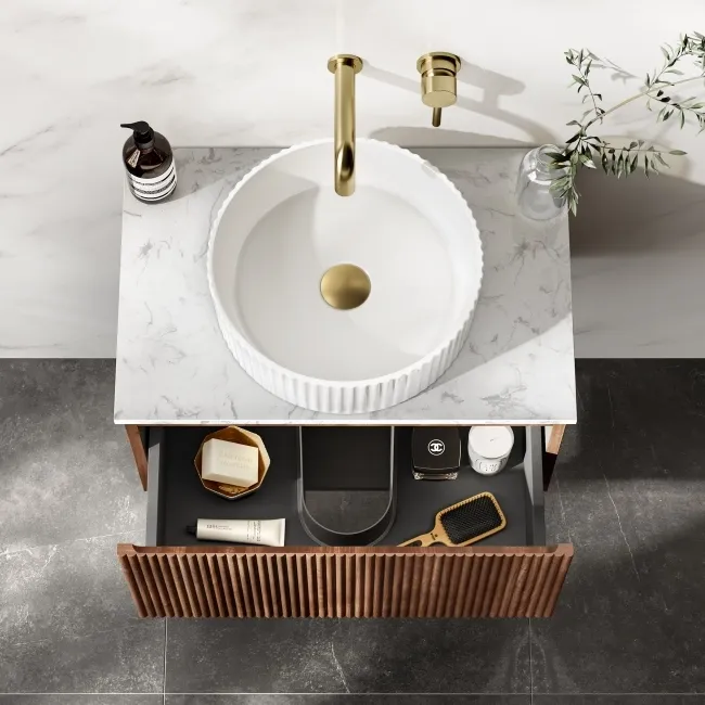 Malta Fluted Black Walnut Wall Hung Drawer Vanity with Marble Top & Nevis Basin 600mm