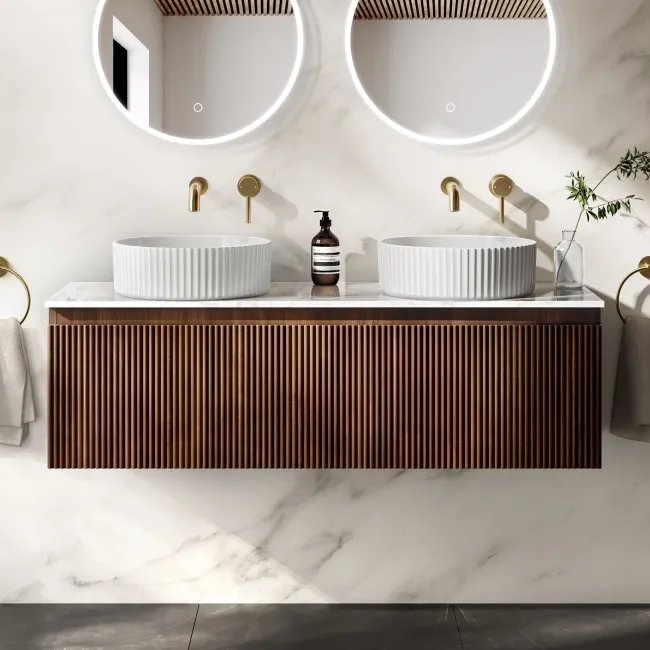 Malta Fluted Black Walnut Double Wall Hung Drawer Vanity with Marble Top & Nevis Basin 1200mm