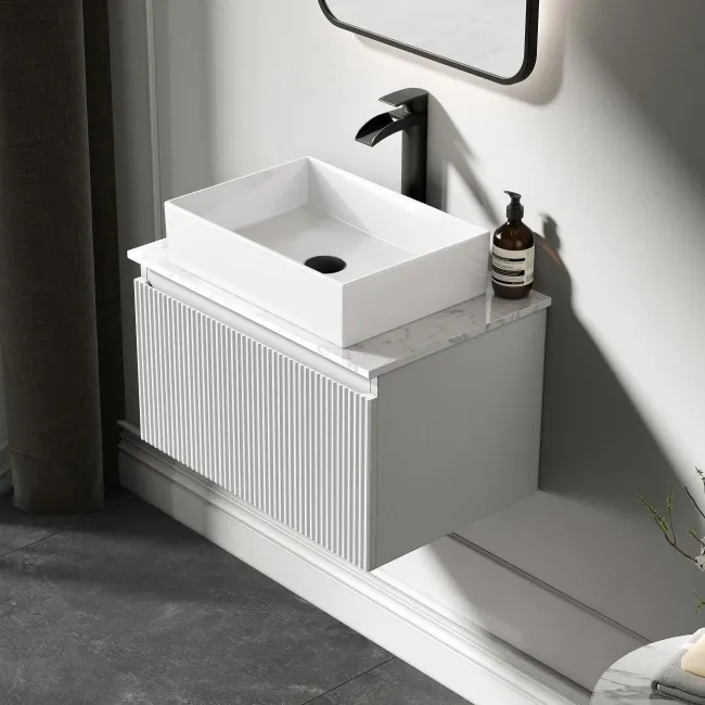 Malta Fluted Coastal White Wall Hung Drawer Vanity with Marble Top & Cody Basin 600mm