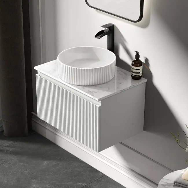Malta Fluted Coastal White Wall Hung Drawer Vanity with Marble Top & Nevis Basin 600mm