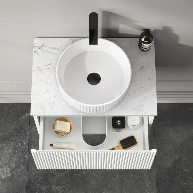 Malta Fluted Coastal White Wall Hung Drawer Vanity with Marble Top & Nevis Basin 600mm