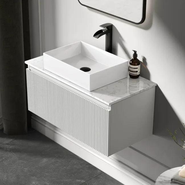 Malta Fluted Coastal White Wall Hung Drawer Vanity with Marble Top & Cody Basin 800mm