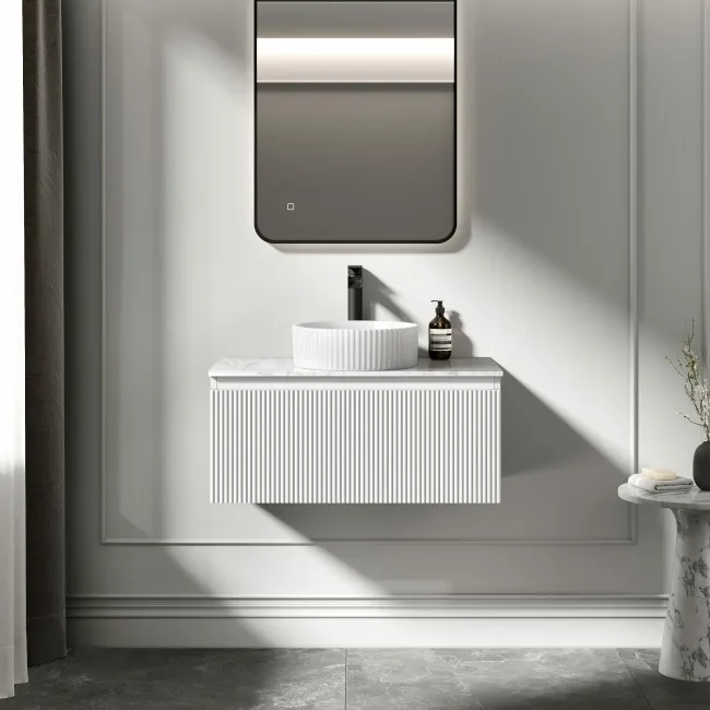 Malta Fluted Coastal White Wall Hung Drawer Vanity with Marble Top & Nevis Basin 800mm
