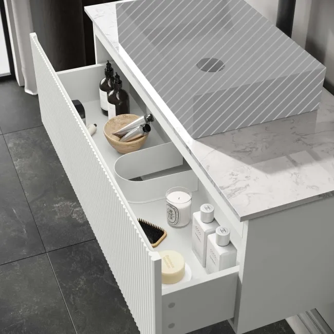 Malta Fluted Coastal White Wall Hung Drawer Vanity with Marble Top 1000mm - Excludes Counter Top Basin