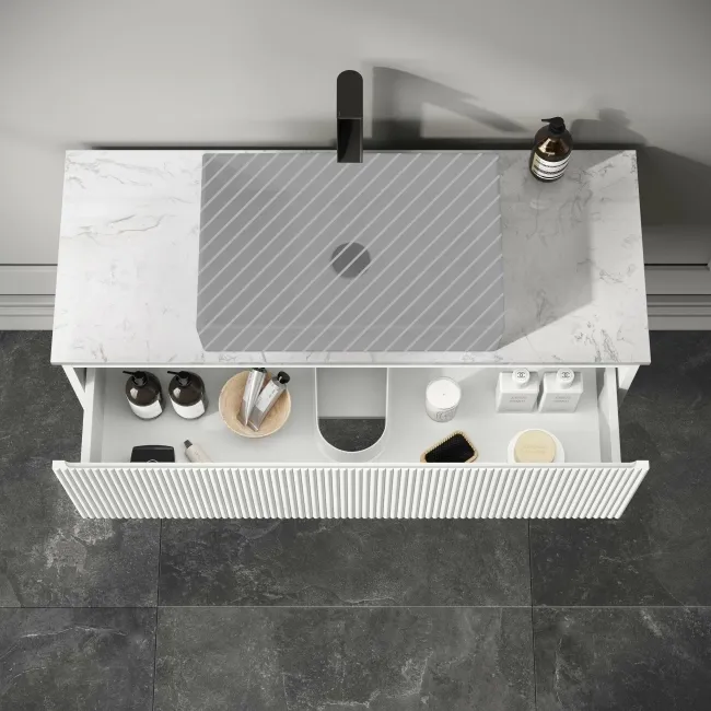 Malta Fluted Coastal White Wall Hung Drawer Vanity with Marble Top 1000mm - Excludes Counter Top Basin