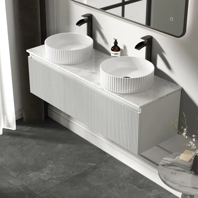 Malta Fluted Coastal White Double Wall Hung Drawer Vanity with Marble Top & Nevis Basin 1200mm