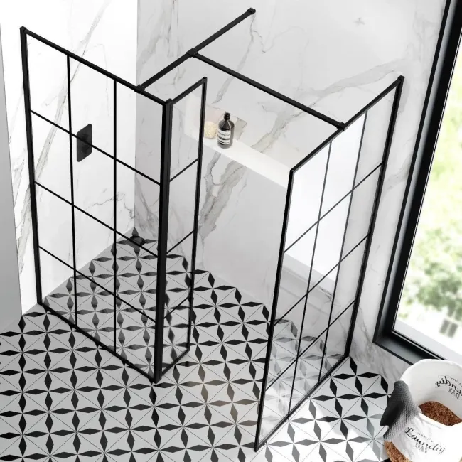 Munich Matt Black Grid 8mm Walk In Shower Enclosure 900mm & 900mm Glass with Pivotal Return Panel