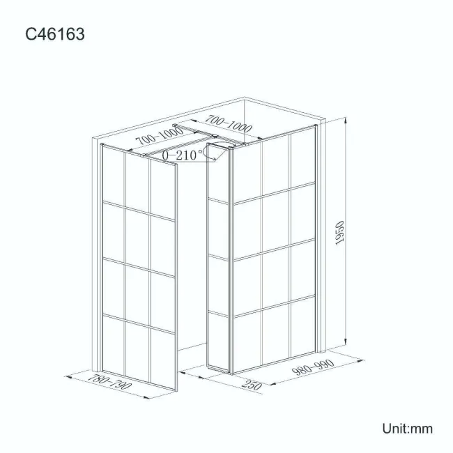 Munich Matt Black Grid 8mm Walk In Shower Enclosure 1000mm & 800mm Glass with Pivotal Return Panel