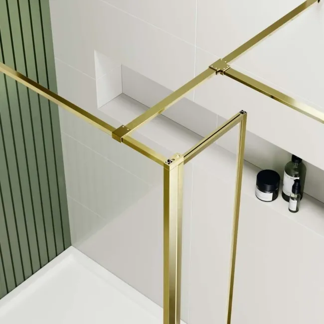 Munich Brushed Brass Framed 8mm Walk In Shower Enclosure 1400mm & 900mm Glass with Return Panel