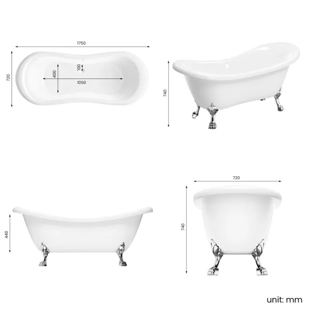 Tonbridge 1750mm Roll Top Bath - Chrome Claw Feet
