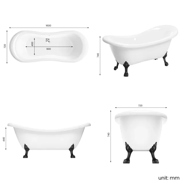 Tonbridge 1600mm Roll Top Bath - Black Claw Feet