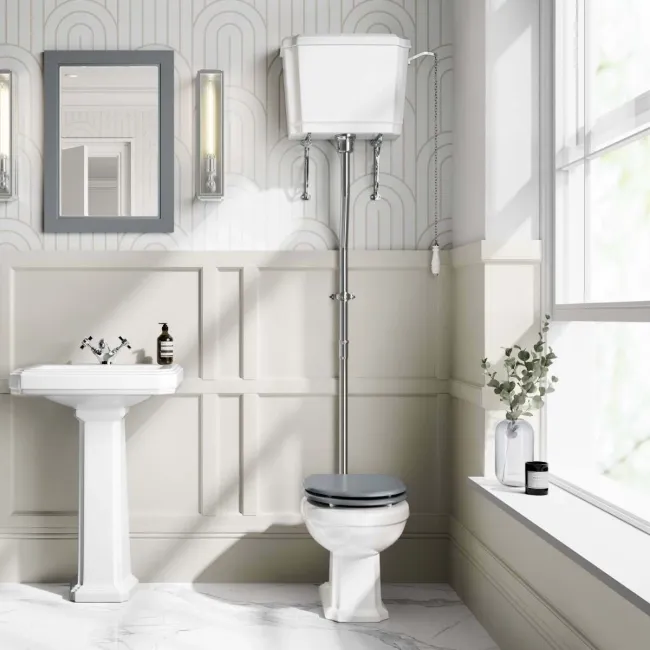 Hudson Traditional High-Level Toilet With Dove Grey Seat & Pedestal Basin - Single Tap Hole