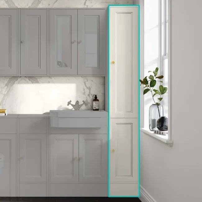 Monaco Chalk White Floor Standing Tall Cabinet Unit 300mm - Brushed Brass Accents