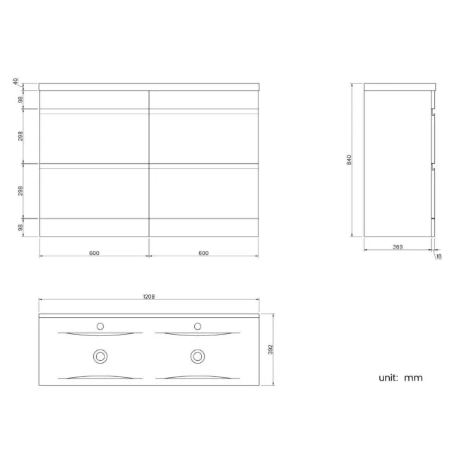 Trent Gloss White Double Basin Drawer Vanity 1200mm