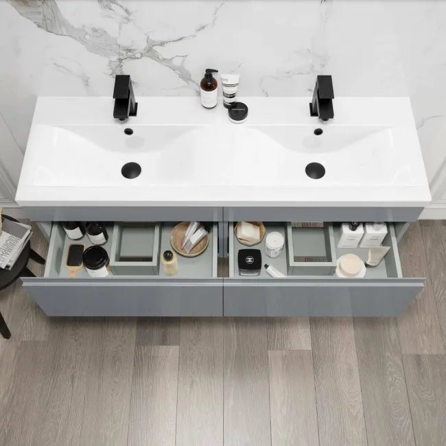 Trent Stone Grey Wall Hung Double Basin Drawer Vanity 1200mm