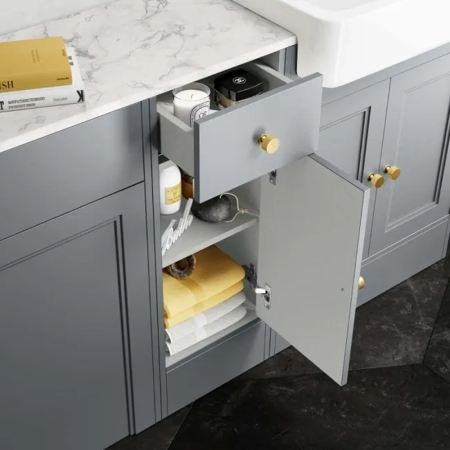 Monaco Dove Grey Combination Vanity Basin with Marble Top and Seattle Toilet 1500mm - Brushed Brass Accents