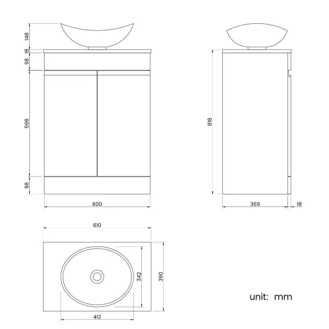 Trent Gloss White Vanity with Oval Counter Top Basin 600mm
