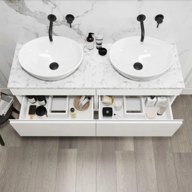 Trent Gloss White Double Wall Hung Drawer Vanity with Marble Top & Oval Counter Top Basin 1200mm