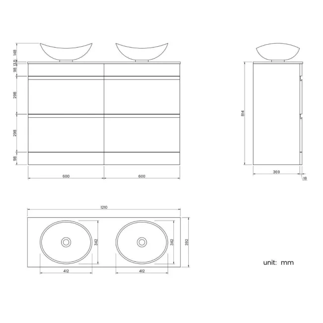Trent Stone Grey Double Vanity Drawer with Marble Top & Oval Counter Top Basin 1200mm