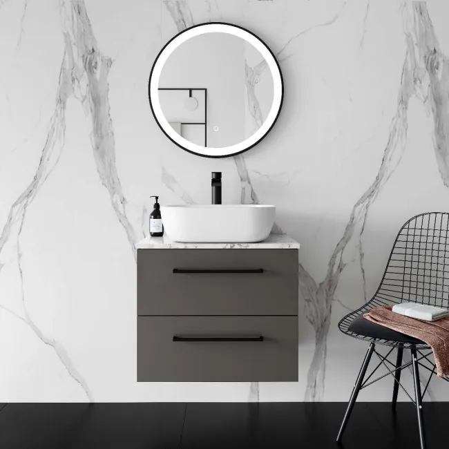 Elba Graphite Grey Wall Hung Drawer Vanity with Marble Top & Curved Counter Top Basin 600mm - Black Accents