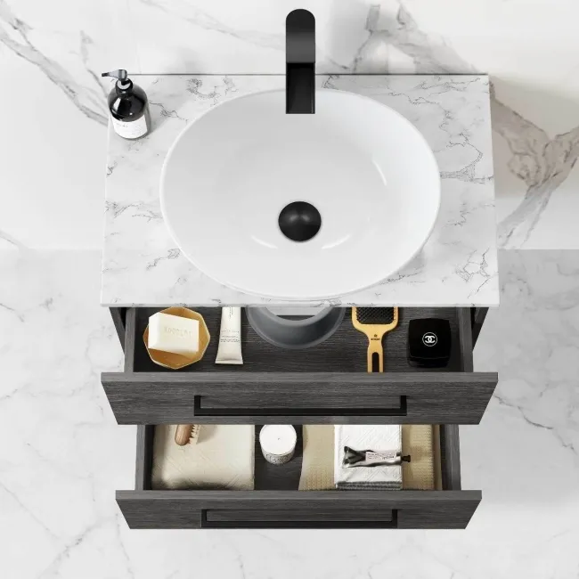 Elba Charcoal Elm Wall Hung Drawer Vanity with Marble Top & Oval Counter Top Basin 600mm - Black Accents