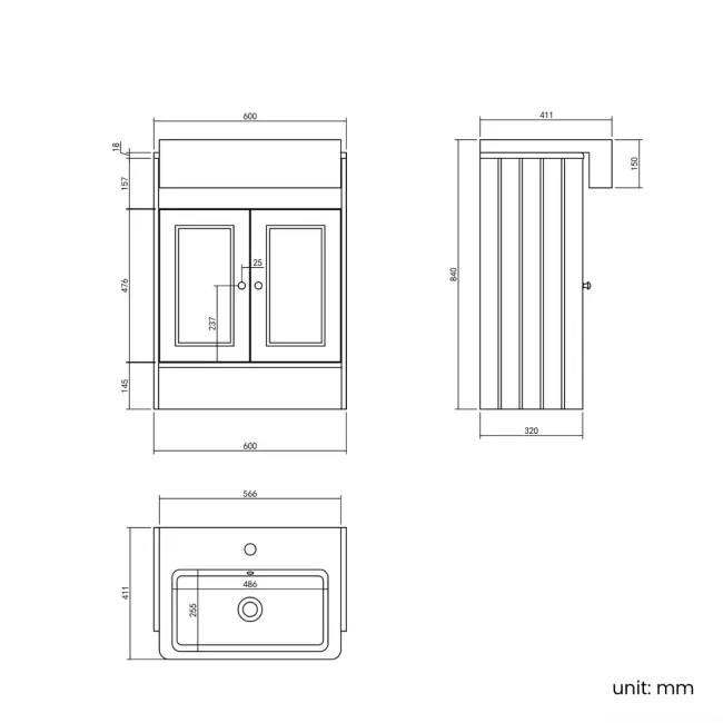 Monaco Dove Grey Basin Vanity 600mm