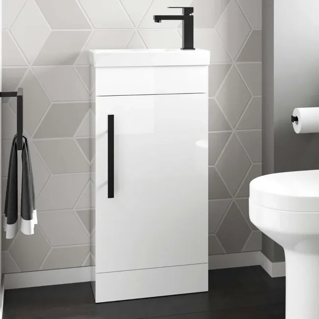 Avon Gloss White Cloakroom Floor Standing Basin Vanity 400mm - Black Accents