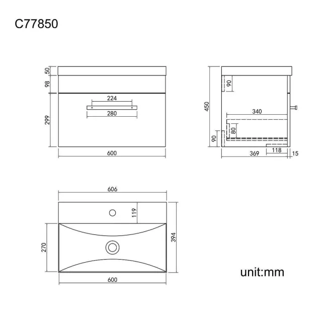 Avon Gloss White Wall Hung Basin Drawer Vanity 600mm - Black Accents