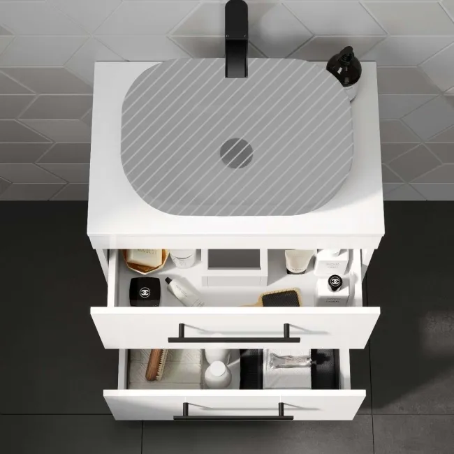 Avon Gloss White Counter Top Drawer Vanity 600mm - Black Accents