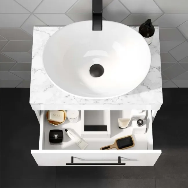 Avon Gloss White Wall Hung Drawer Vanity with Marble Top & Oval Counter Top Basin 600mm - Black Accents