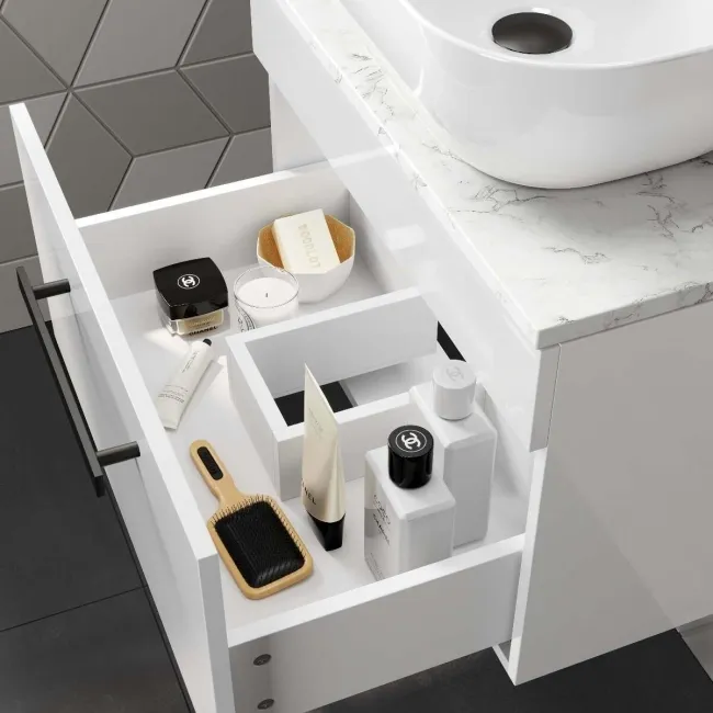 Avon Gloss White Wall Hung Drawer Vanity with Marble Top & Curved Counter Top Basin 600mm - Black Accents