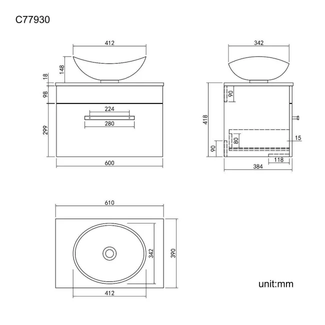Avon Stone Grey Wall Hung Drawer Vanity with Oval Counter Top Basin 600mm - Black Accents