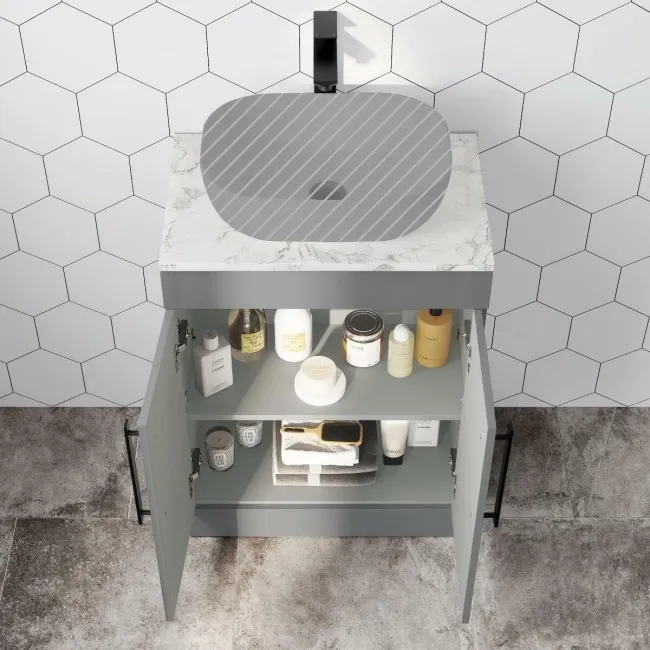 Avon Stone Grey Counter Top Vanity with Marble Top 600mm - Black Accents