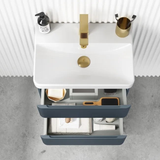 Corsica Inky Blue Wall Hung Slimline Basin Drawer Vanity 500mm