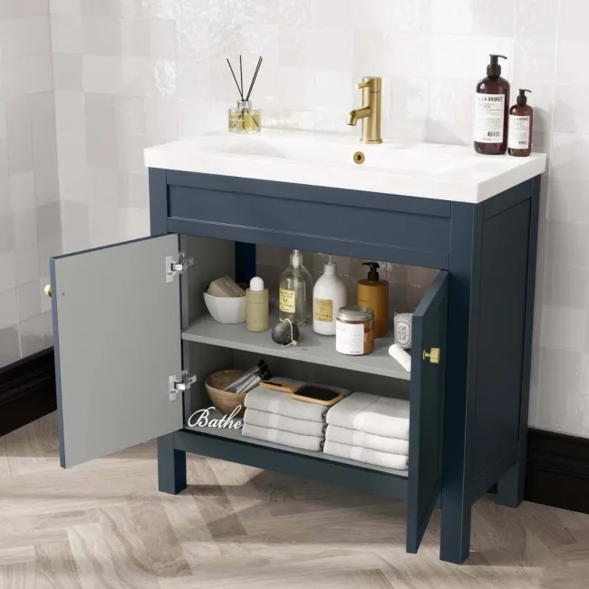 Bermuda Inky Blue Basin Vanity 800mm - Brushed Brass Accents