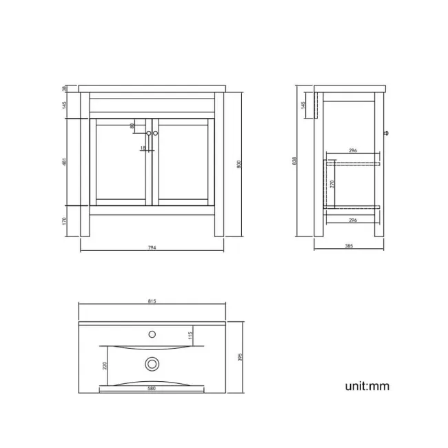 Bermuda Inky Blue Basin Vanity 800mm - Brushed Brass Accents