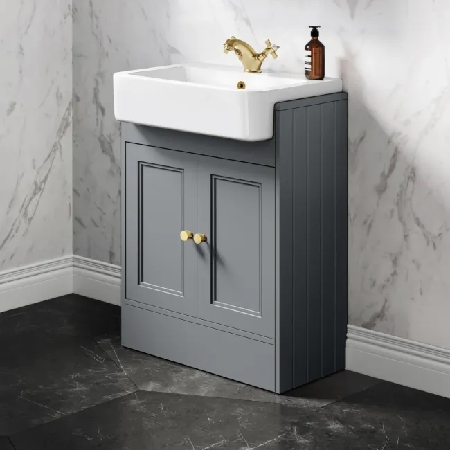 Monaco Dove Grey Basin Vanity 600mm - Brushed Brass Accents