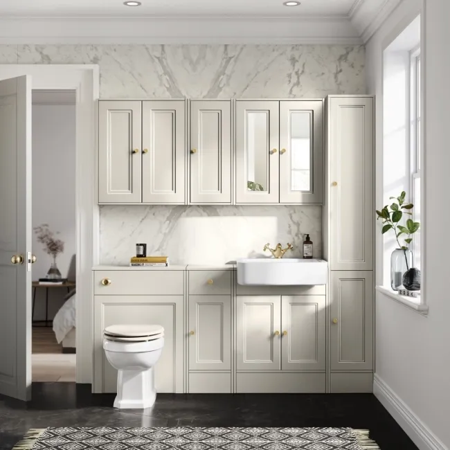 Monaco Chalk White Combination Vanity Basin 1500mm (Excludes Pan & Cistern) - Brushed Brass Accents