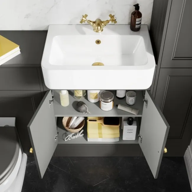 Monaco Graphite Grey Basin Vanity 600mm - Brushed Brass Accents