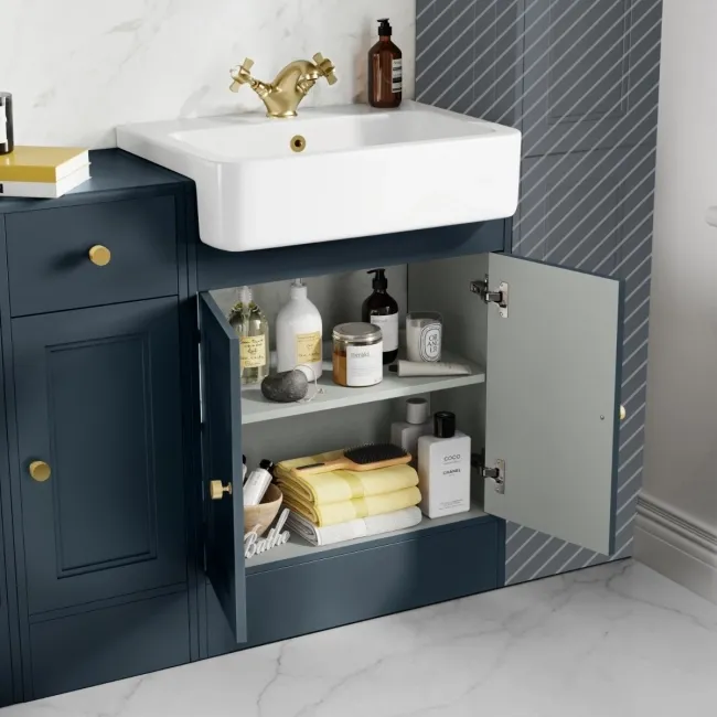 Monaco Inky Blue Basin Vanity and Back To Wall Unit 1500mm (Excludes Pan & Cistern) - Brushed Brass Accents