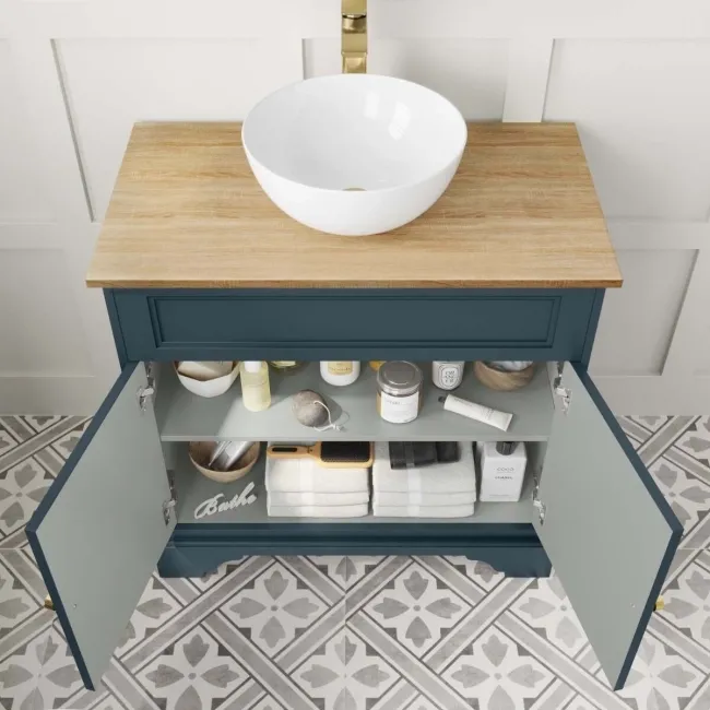 Lucia Inky Blue Vanity with Oak Effect Top & Round Counter Top Basin 840mm - Brushed Brass Accents