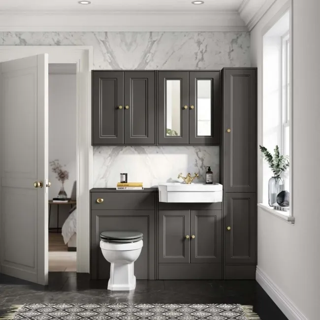 Monaco Graphite Grey Combination Vanity Traditional Basin and Hudson Toilet with Wooden Seat 1200mm - Brushed Brass Accents