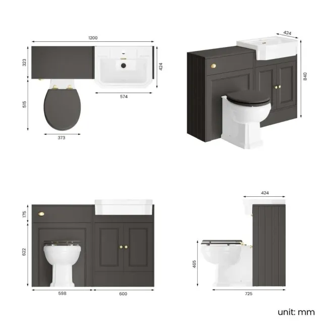 Monaco Graphite Grey Combination Vanity Traditional Basin and Hudson Toilet with Wooden Seat 1200mm - Brushed Brass Accents
