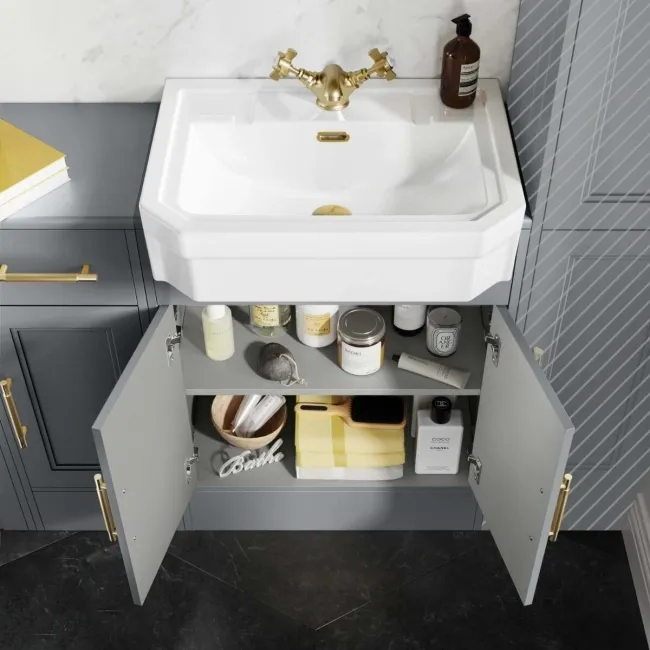 Monaco Dove Grey Combination Vanity Traditional Basin and Hudson Toilet with Wooden Seat 1500mm - Brass Knurled Handles