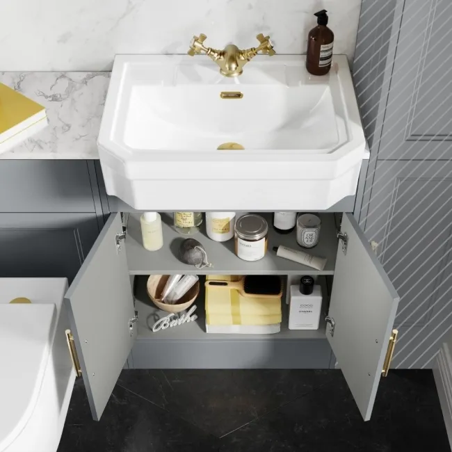 Monaco Dove Grey Combination Vanity Traditional Basin with Marble Top & Boston Toilet 1200mm - Brass Knurled Handles