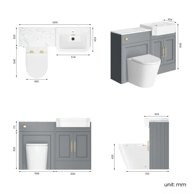 Monaco Dove Grey Combination Vanity Traditional Basin with Marble Top & Boston Toilet 1200mm - Brass Knurled Handles