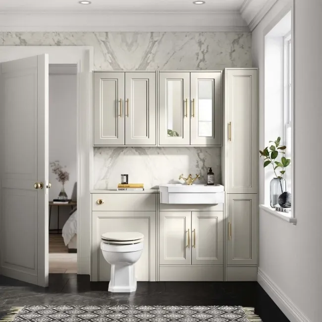 Monaco Chalk White Combination Vanity Traditional Basin and Hudson Toilet with Wooden Seat 1200mm - Brass Knurled Handles