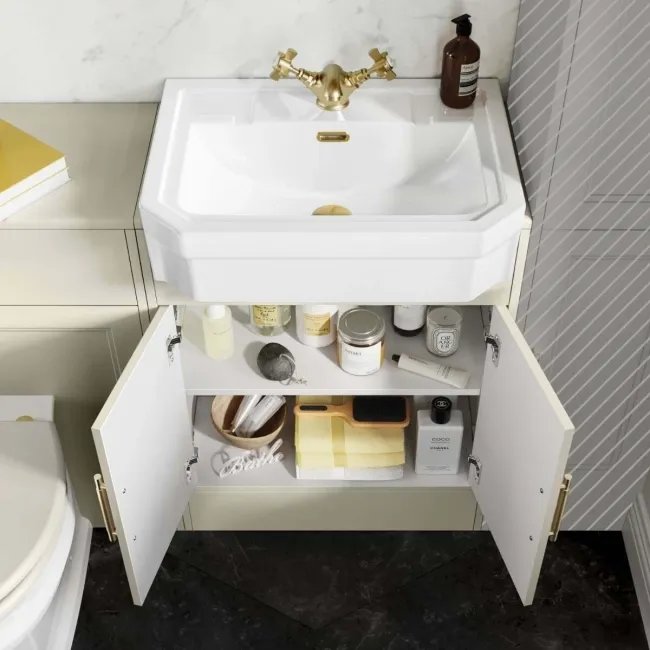 Monaco Chalk White Combination Vanity Traditional Basin and Hudson Toilet with Wooden Seat 1200mm - Brass Knurled Handles